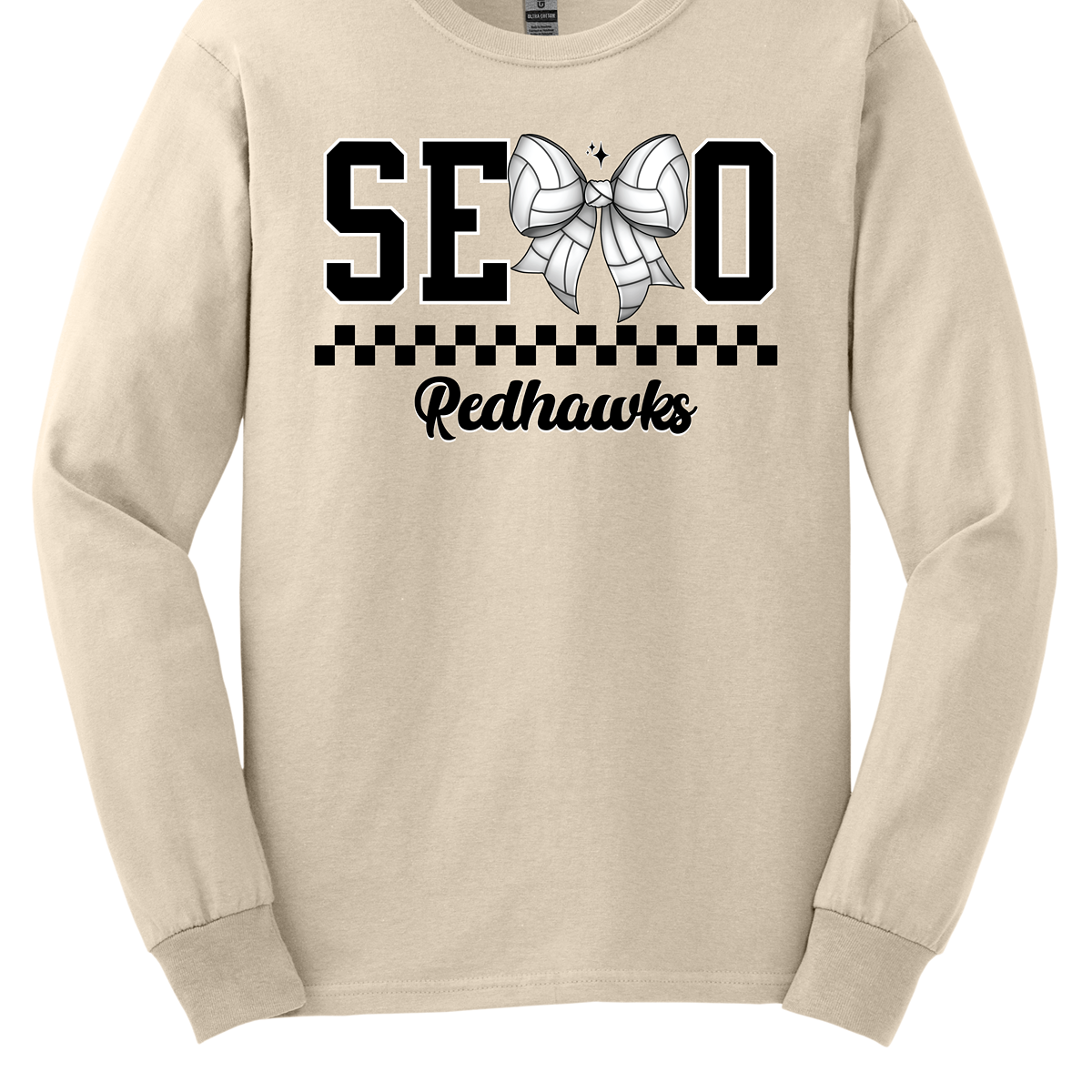 The apparel design features the word "SEMO" in a bold collegiate font, with a unique twist on the letter "M." Instead of the standard "M," a bow with a volleyball pattern is used, making it a distinctive and sporty element. Beneath "SEMO," a striking black checkerboard pattern runs horizontally across the garment, adding visual contrast and energy. Shop at Gorgeousware.com