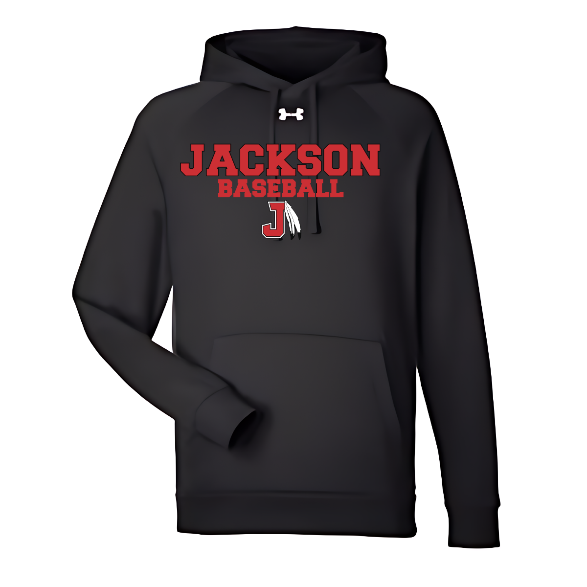 Black hoodie with 'Jackson Baseball' text and Under Armour logo on a white background