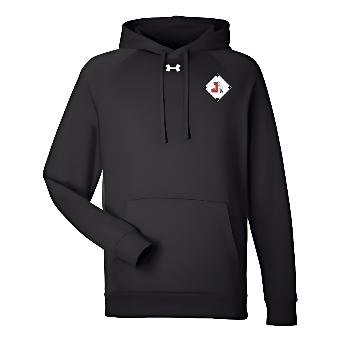 Black hoodie with a logo on the chest against a white background