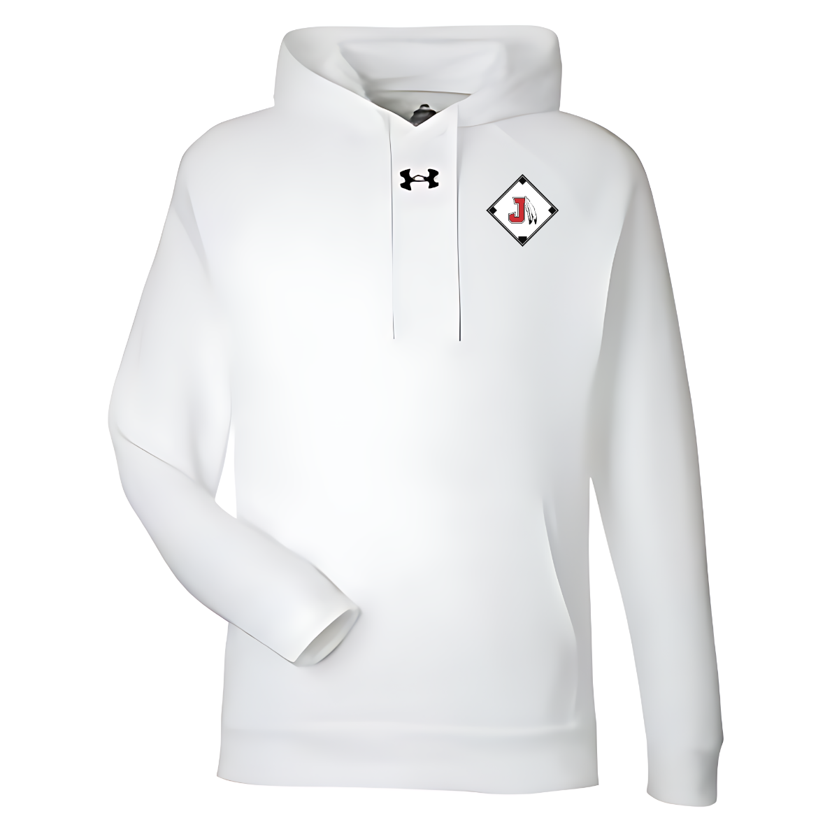 White hoodie with a logo on the chest against a white background