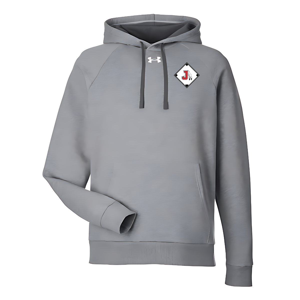 Gray hoodie with a logo on the chest against a white background