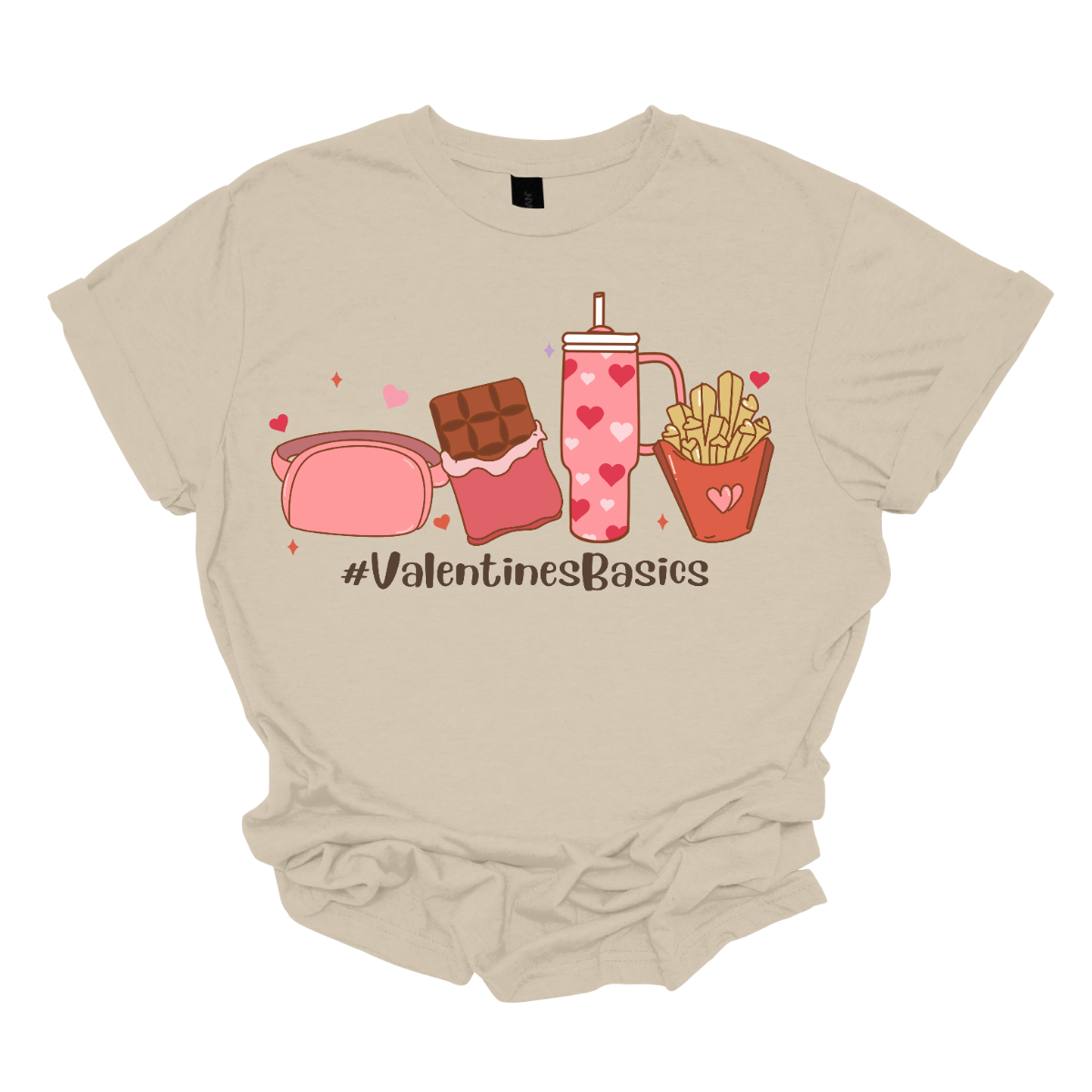 Introducing our "#ValentineBasics" T-shirt – a stylish and playful ensemble that captures the essence of Valentine's Day with a touch of everyday essentials. This shirt is a trendy celebration of the things that make this romantic holiday uniquely delightful. The design features the hashtag "#ValentineBasics" displayed prominently, complemented by illustrations of a Lululemon shoulder bag, a box of chocolates, the iconic Stanley Cup, and a side of fries. Shop at Gorgeousware.com