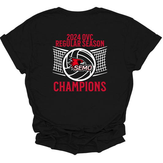 Celebrate the Southeast Missouri State Volleyball team’s dominance with this sleek and stylish SEMO OVC Volleyball Regular Season Championship Black T-Shirt. Crafted from soft, breathable fabric, this shirt combines comfort and durability, making it perfect for fans to show their Redhawks pride. Whether you're cheering from the stands or showing your support around town, this championship t-shirt is a must-have for every proud SEMO fan. Available in unisex sizes.