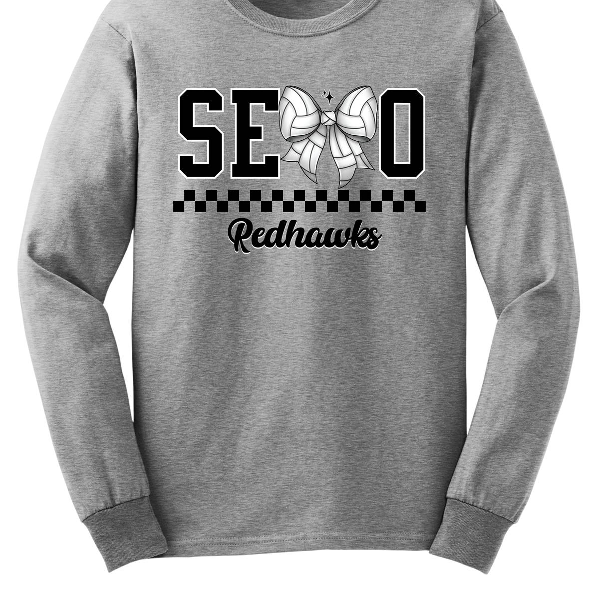 The apparel design features the word "SEMO" in a bold collegiate font, with a unique twist on the letter "M." Instead of the standard "M," a bow with a volleyball pattern is used, making it a distinctive and sporty element. Beneath "SEMO," a striking black checkerboard pattern runs horizontally across the garment, adding visual contrast and energy. Shop at Gorgeousware.com