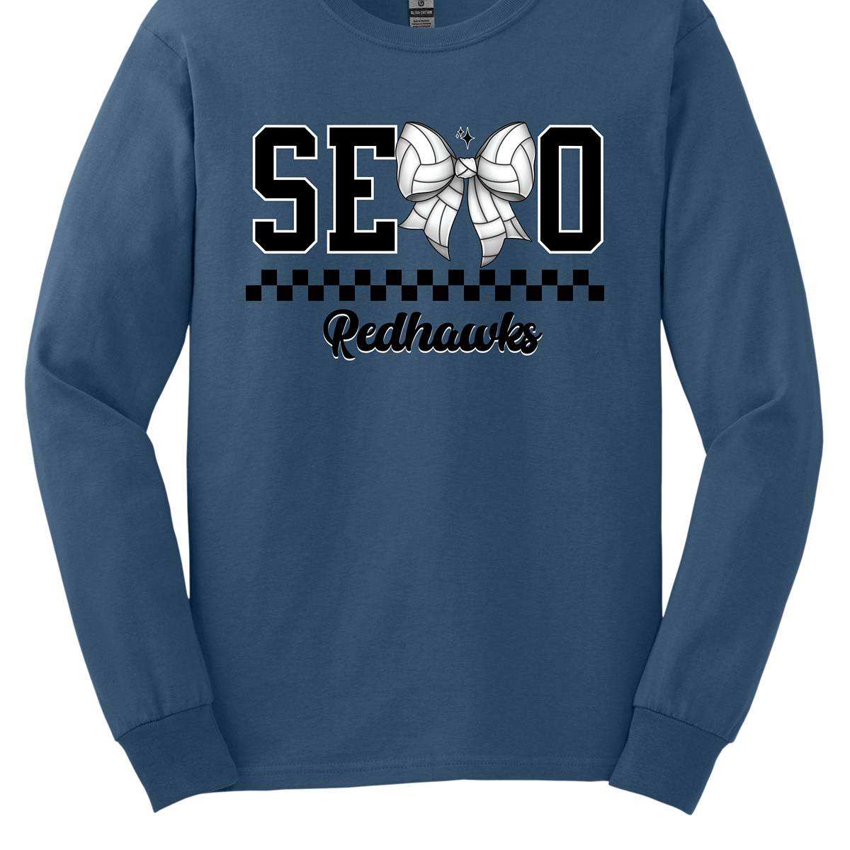 The apparel design features the word "SEMO" in a bold collegiate font, with a unique twist on the letter "M." Instead of the standard "M," a bow with a volleyball pattern is used, making it a distinctive and sporty element. Beneath "SEMO," a striking black checkerboard pattern runs horizontally across the garment, adding visual contrast and energy. Shop at Gorgeousware.com