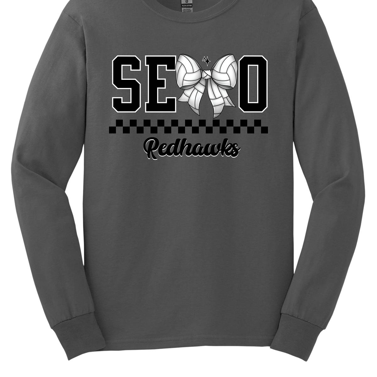 The apparel design features the word "SEMO" in a bold collegiate font, with a unique twist on the letter "M." Instead of the standard "M," a bow with a volleyball pattern is used, making it a distinctive and sporty element. Beneath "SEMO," a striking black checkerboard pattern runs horizontally across the garment, adding visual contrast and energy. Shop at Gorgeousware.com