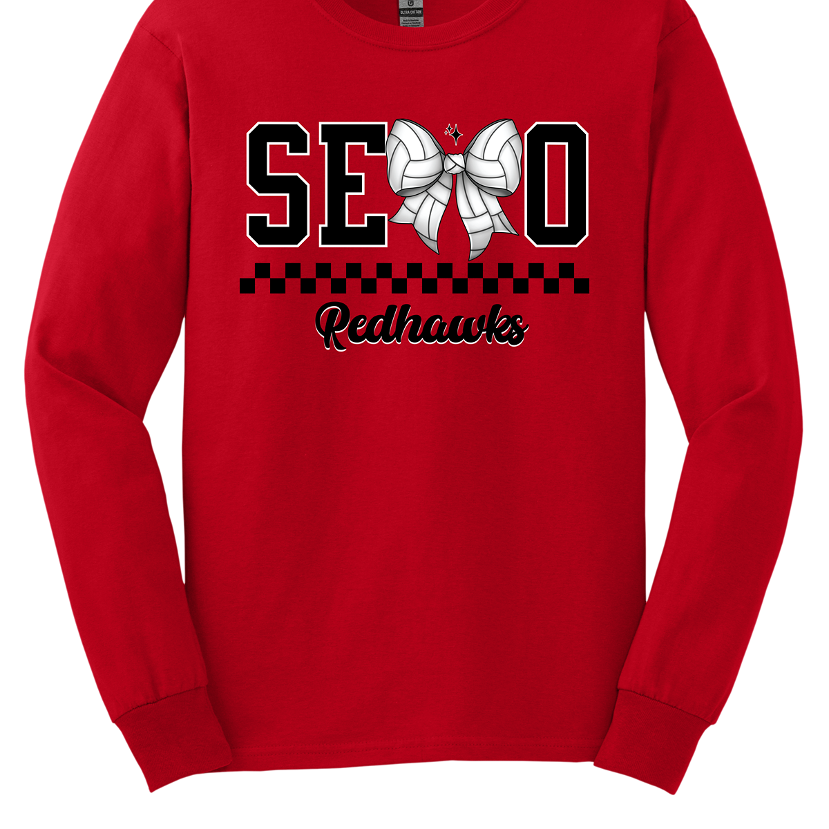 The apparel design features the word "SEMO" in a bold collegiate font, with a unique twist on the letter "M." Instead of the standard "M," a bow with a volleyball pattern is used, making it a distinctive and sporty element. Beneath "SEMO," a striking black checkerboard pattern runs horizontally across the garment, adding visual contrast and energy. Shop at Gorgeousware.com