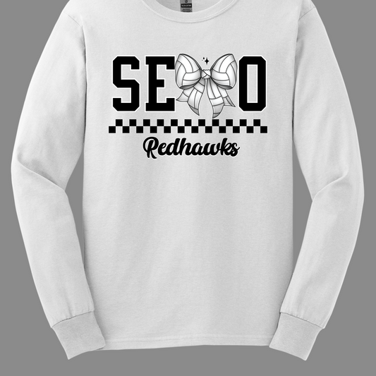 The apparel design features the word "SEMO" in a bold collegiate font, with a unique twist on the letter "M." Instead of the standard "M," a bow with a volleyball pattern is used, making it a distinctive and sporty element. Beneath "SEMO," a striking black checkerboard pattern runs horizontally across the garment, adding visual contrast and energy. Shop at Gorgeousware.com