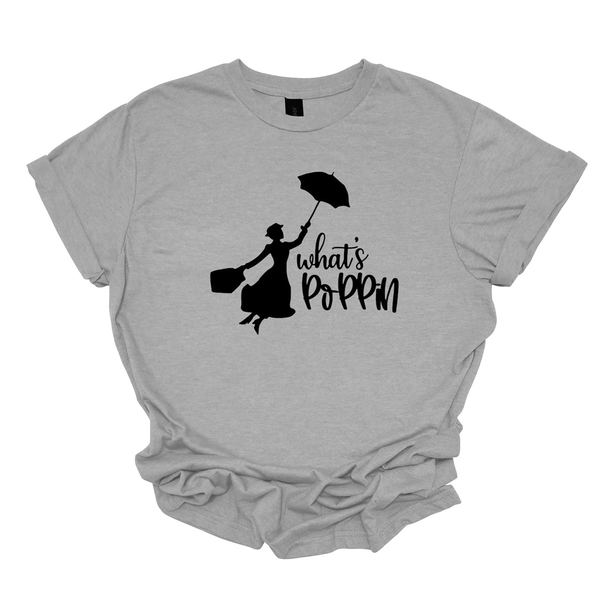 This t-shirt features a chic and playful design with the phrase "What's Poppin'" rendered in an elegant black cursive font. The flowing script adds a touch of sophistication and style to the design. Next to the text is a silhouette of Mary Poppins, capturing the iconic character's classic charm and whimsical essence. The silhouette showcases Mary Poppins with her signature umbrella and carpet bag, adding a delightful and nostalgic touch to the shirt. Shop Gorgeousware.com