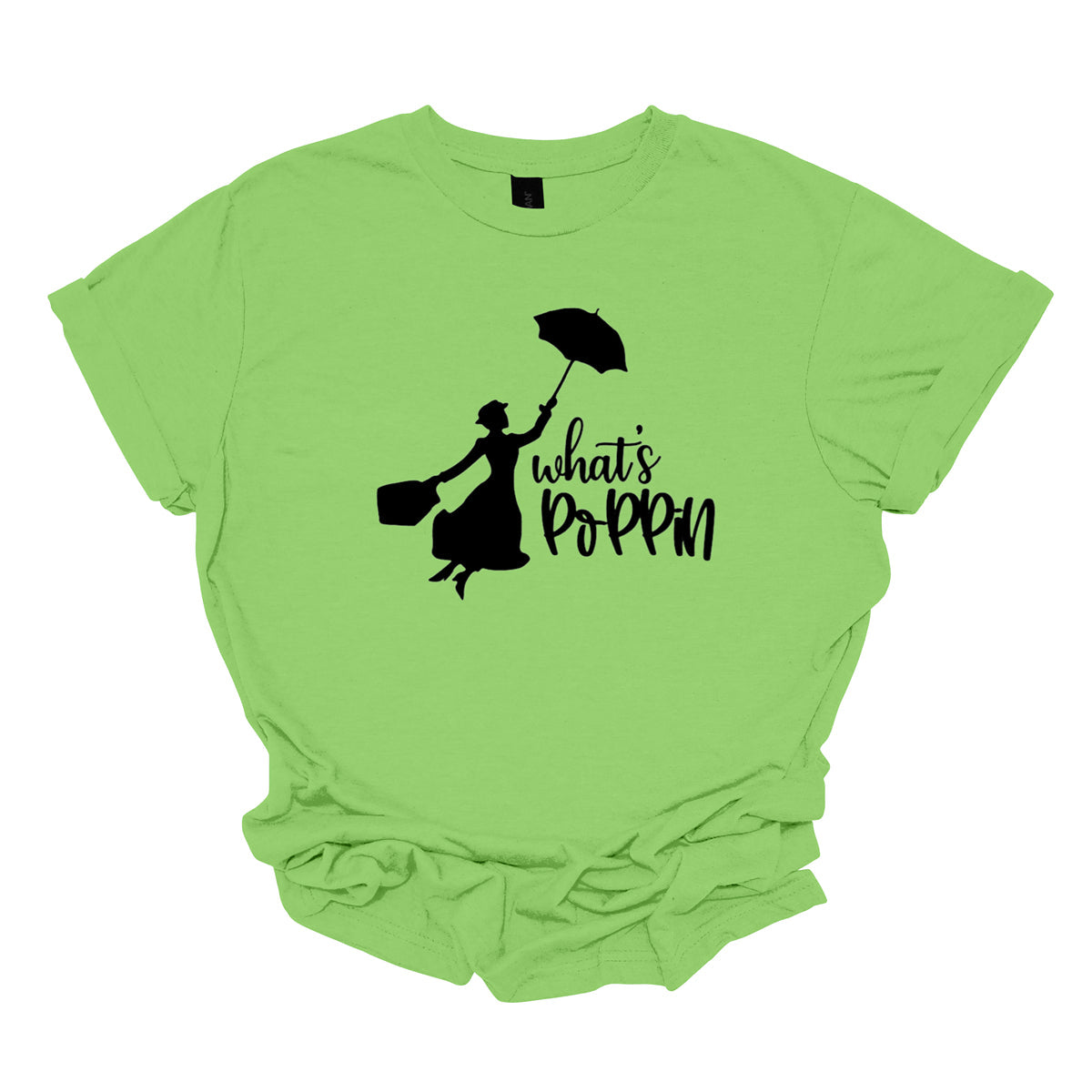 This t-shirt features a chic and playful design with the phrase "What's Poppin'" rendered in an elegant black cursive font. The flowing script adds a touch of sophistication and style to the design. Next to the text is a silhouette of Mary Poppins, capturing the iconic character's classic charm and whimsical essence. The silhouette showcases Mary Poppins with her signature umbrella and carpet bag, adding a delightful and nostalgic touch to the shirt. Shop Gorgeousware.com