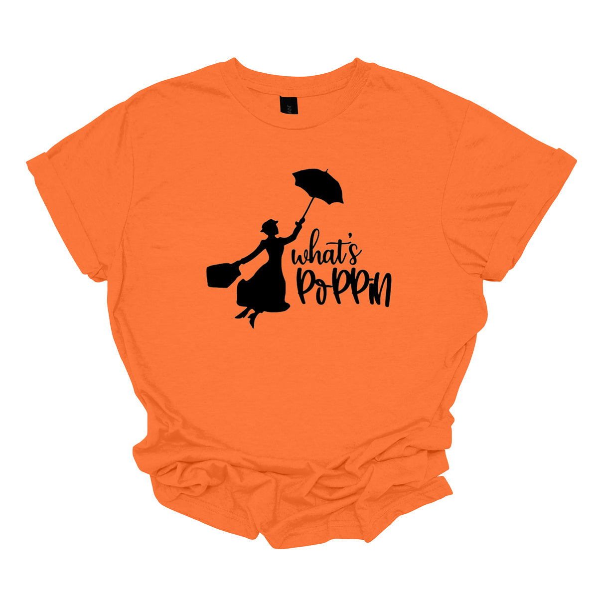 This t-shirt features a chic and playful design with the phrase "What's Poppin'" rendered in an elegant black cursive font. The flowing script adds a touch of sophistication and style to the design. Next to the text is a silhouette of Mary Poppins, capturing the iconic character's classic charm and whimsical essence. The silhouette showcases Mary Poppins with her signature umbrella and carpet bag, adding a delightful and nostalgic touch to the shirt. Shop Gorgeousware.com