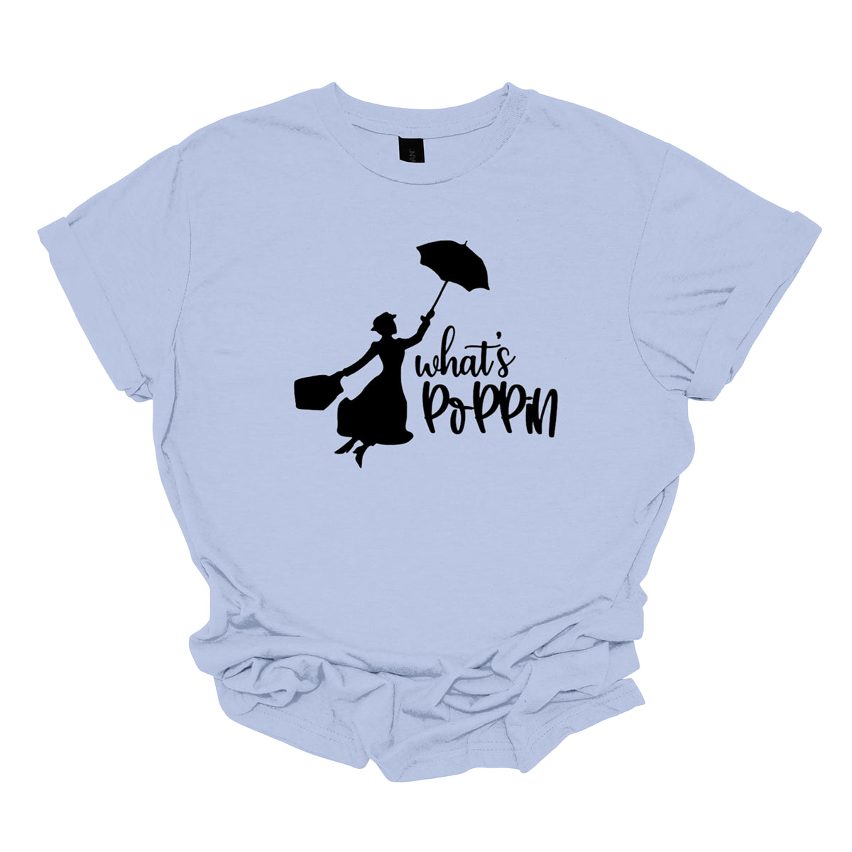 This t-shirt features a chic and playful design with the phrase "What's Poppin'" rendered in an elegant black cursive font. The flowing script adds a touch of sophistication and style to the design. Next to the text is a silhouette of Mary Poppins, capturing the iconic character's classic charm and whimsical essence. The silhouette showcases Mary Poppins with her signature umbrella and carpet bag, adding a delightful and nostalgic touch to the shirt. Shop Gorgeousware.com