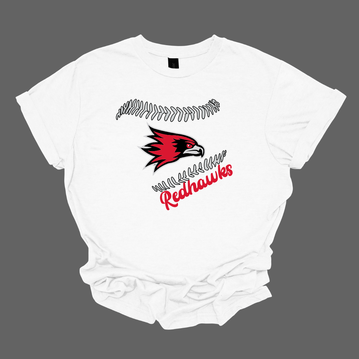 White t-shirt with red and black redhawk logo and 'Redhawks' text on a gray background