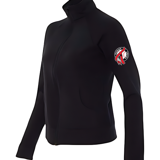 Elevate your wardrobe with this stylish women's black solid practice jacket. Made from a comfortable 90/10 cotton-spandex blend, it offers the perfect balance of flexibility and durability for your active lifestyle. The sleek design features a subtle Jackson Tribe Baseball logo on the left sleeve, adding a touch of team spirit. Ideal for cool days or casual outings, this jacket combines functionality with a chic, athletic look. Stay comfortable and confident as you support your team! Shop at Gorgeousware.co