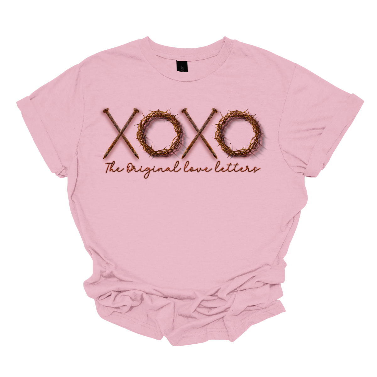 Experience the profound fusion of faith and love with our 'XOXO: The Original Love Letters' Religious T-shirt. This unique design redefines the classic X's and O's, incorporating rustic nails and a crown of thorns to symbolize the sacrificial love and redemption found in religious teachings. The shirt beautifully marries style with spiritual depth, offering a powerful expression of love grounded in faith.