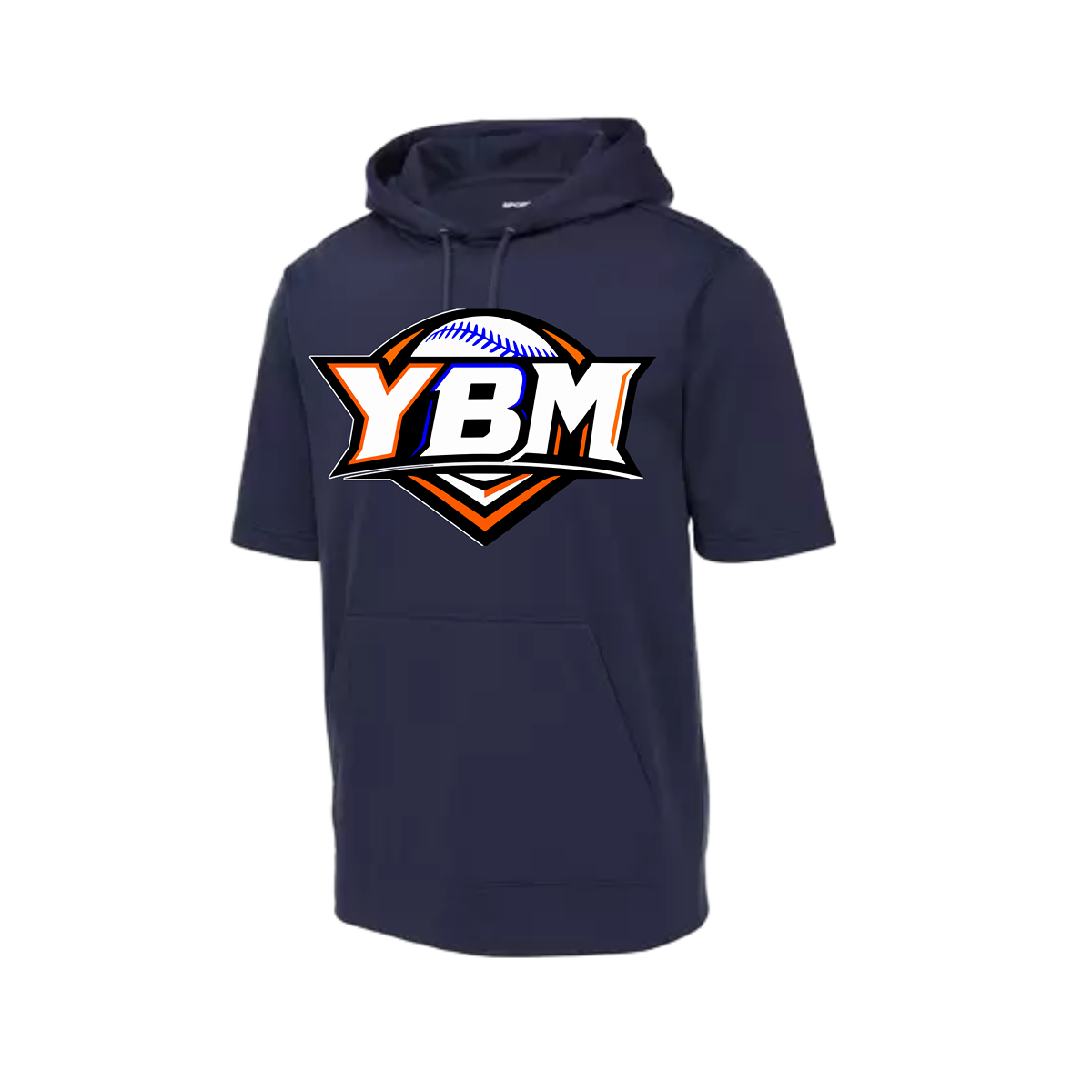 A navy blue short-sleeve hoodie with a large 'YBM' baseball graphic on the chest, displayed on a clean white background.