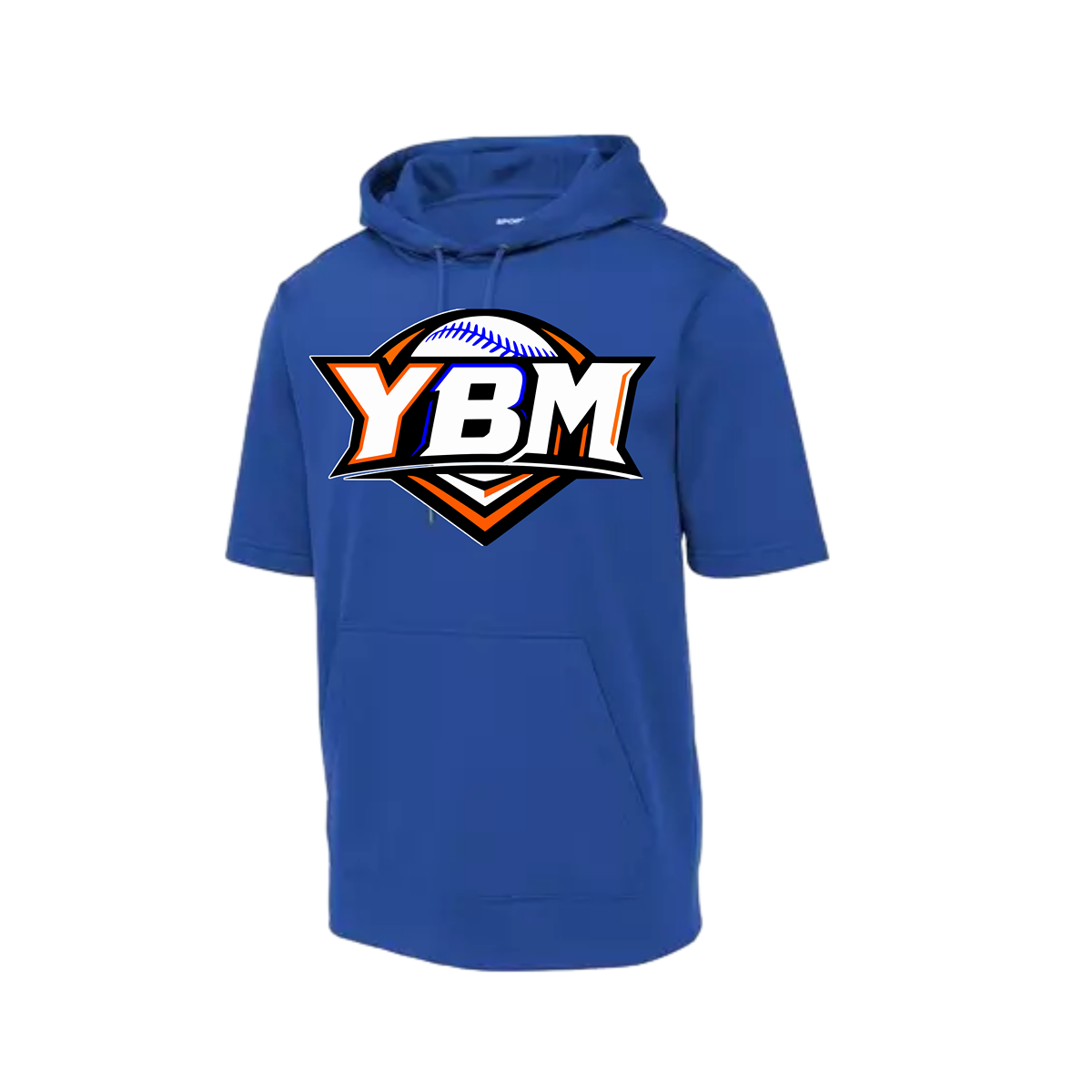A royal blue short-sleeve hoodie with a large 'YBM' baseball graphic on the chest, displayed on a clean white background.