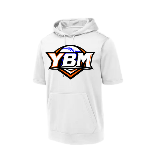 A white short-sleeve hoodie with a large 'YBM' baseball graphic on the chest, displayed on a clean white background.