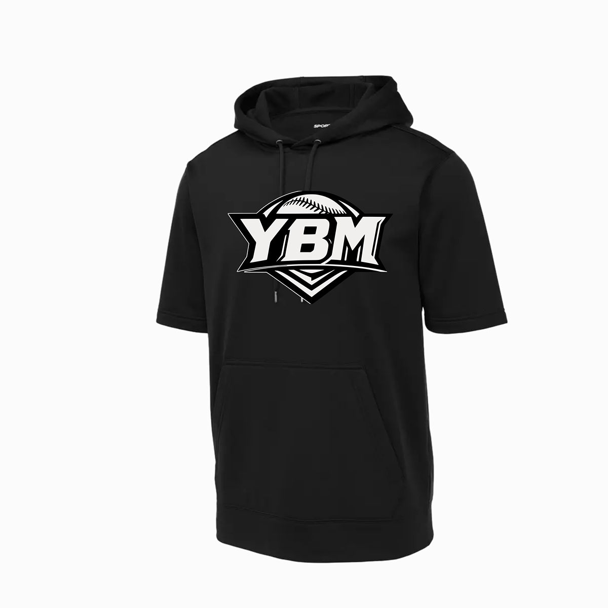 A black short-sleeve pullover hoodie with a white and black YBM graphic on the chest, displayed on a clean white background.