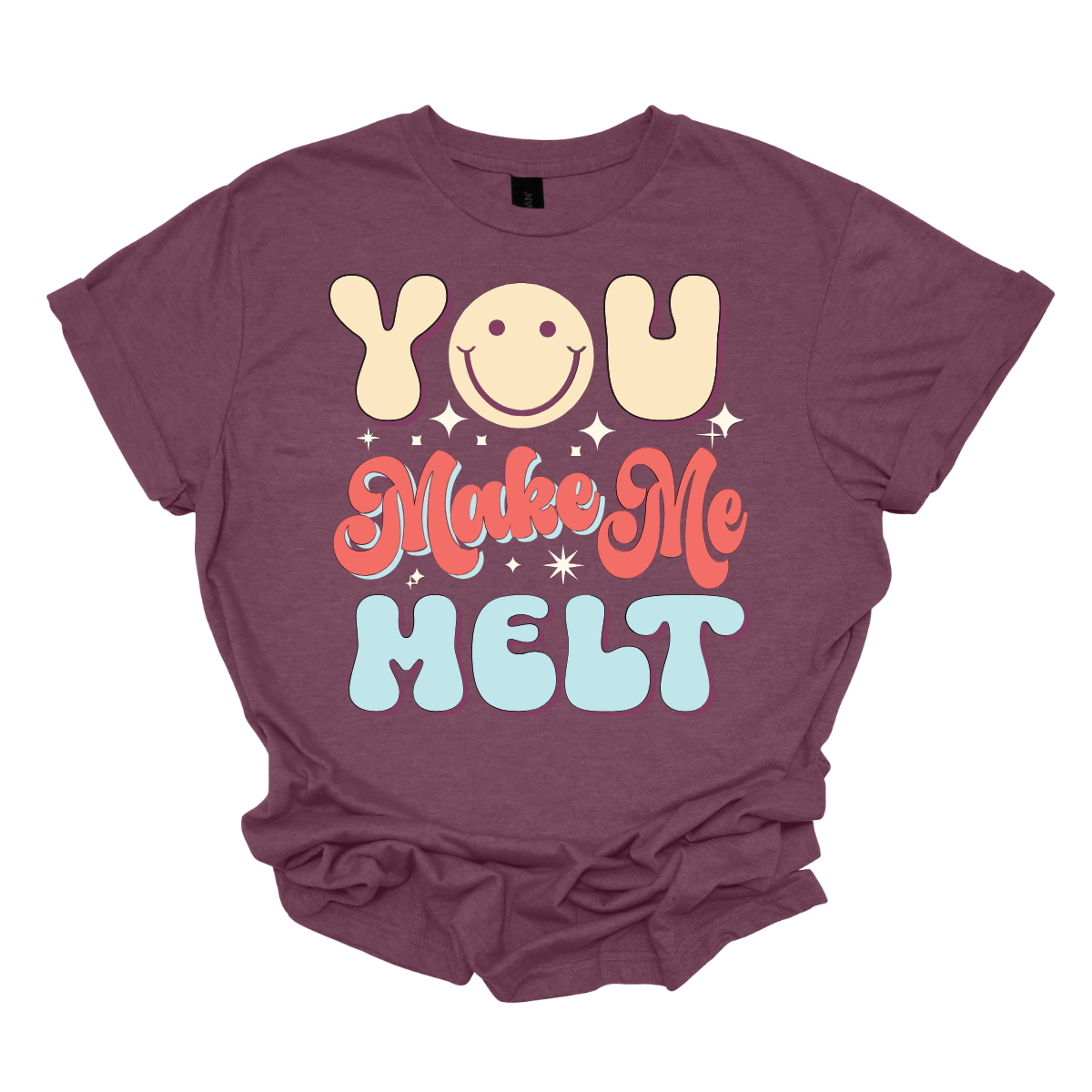  Spread warmth and joy with our 'You Make Me Melt' T-shirt featuring a delightful smiley face in place of the 'O'. This tee is a charming expression of affection, where the whimsical design mirrors the happiness of melting into love. The smiley face adds a playful touch, making it a perfect choice for those who appreciate both style and sentiment.