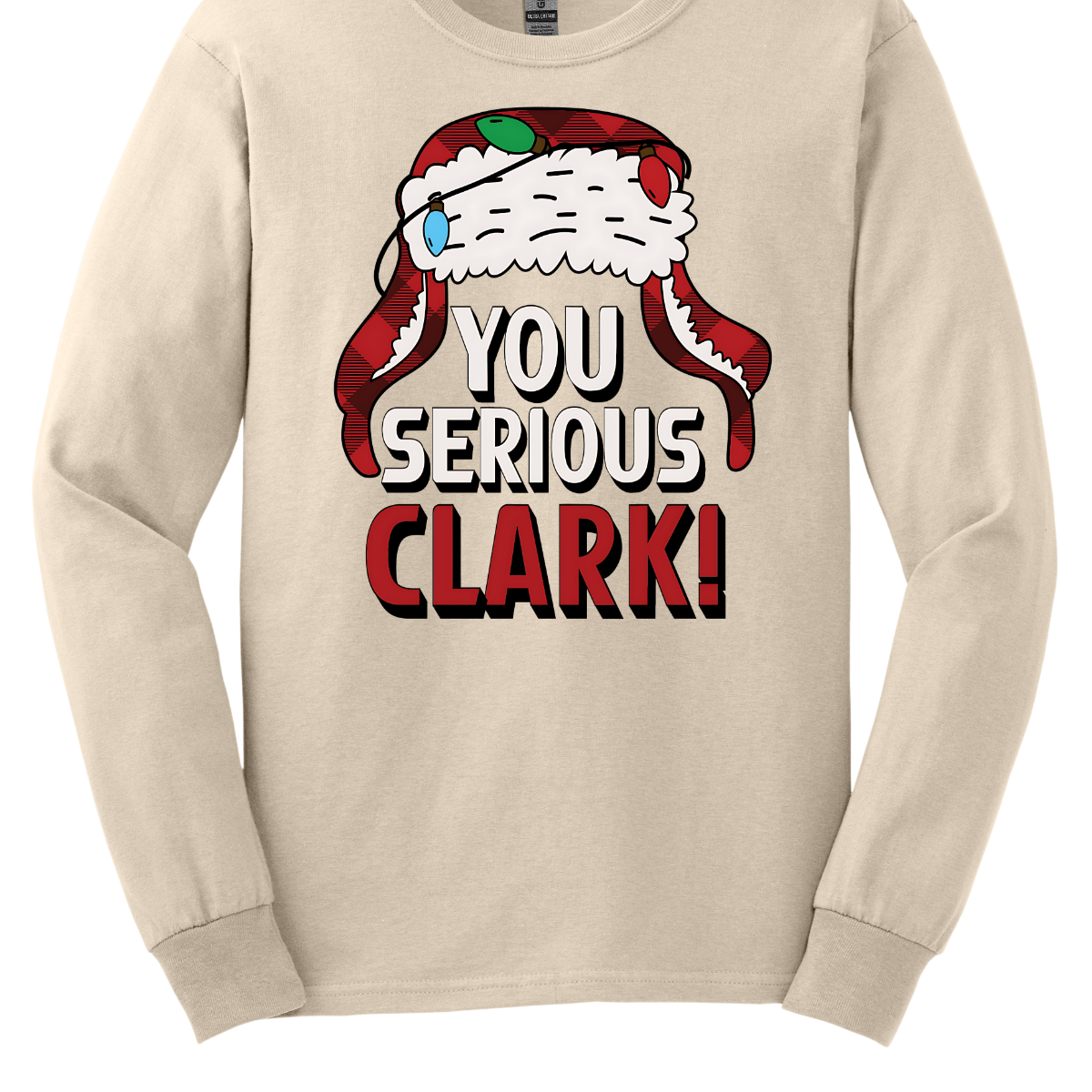 Get ready to light up the holiday season with a dose of classic comedy! Our “You Serious, Clark!” t-shirt pays homage to the unforgettable line from National Lampoon’s Christmas Vacation. Featuring a bold, eye-catching graphic of Clark Griswold’s iconic winter trapper hat, adorned with colorful Christmas lights, this shirt is perfect for any fan of the movie. Shop at Gorgeousware.com